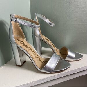 Sam Edelman Yaro Size 8 Metallic Silver Leather Block Heel High Heels Sandals